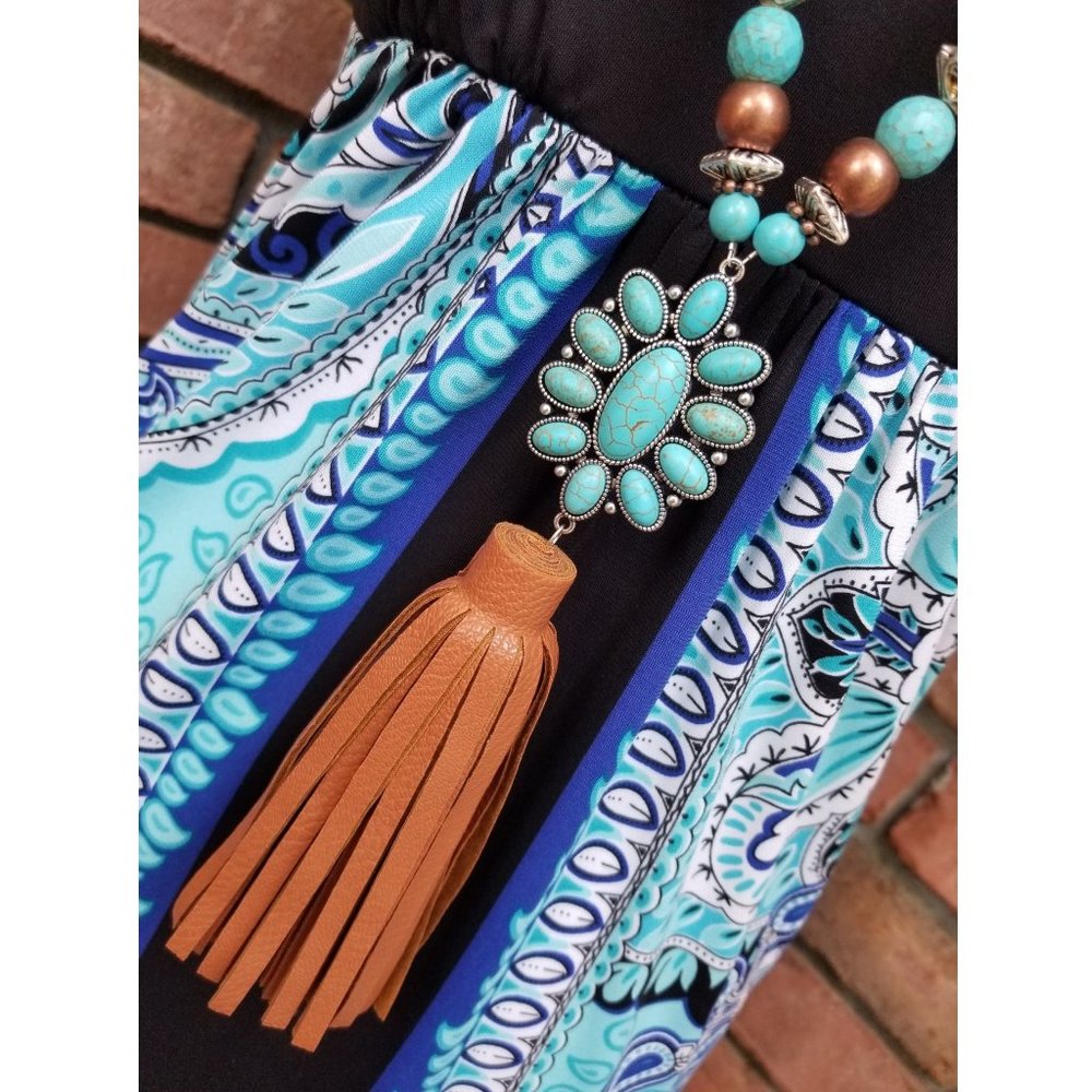 Necklace Earrings Squash Blossom Faux Leather Turquoise Copper Silver Beads - Picture 4 of 9